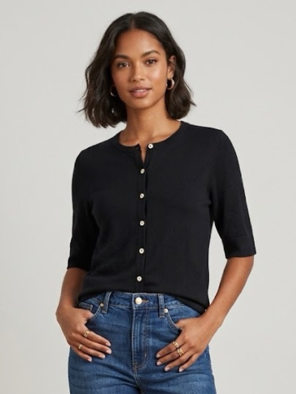 Lauren Ralph Lauren Classic Button Front Cardigan Short-Sleeve Black Size M